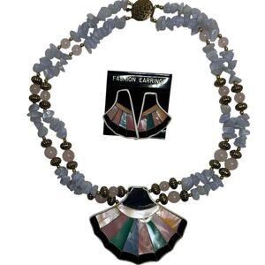 Vintage LEE SANDS Mother Of Pearl Multicolor Inlay Sea Shell Necklace & Earrings
